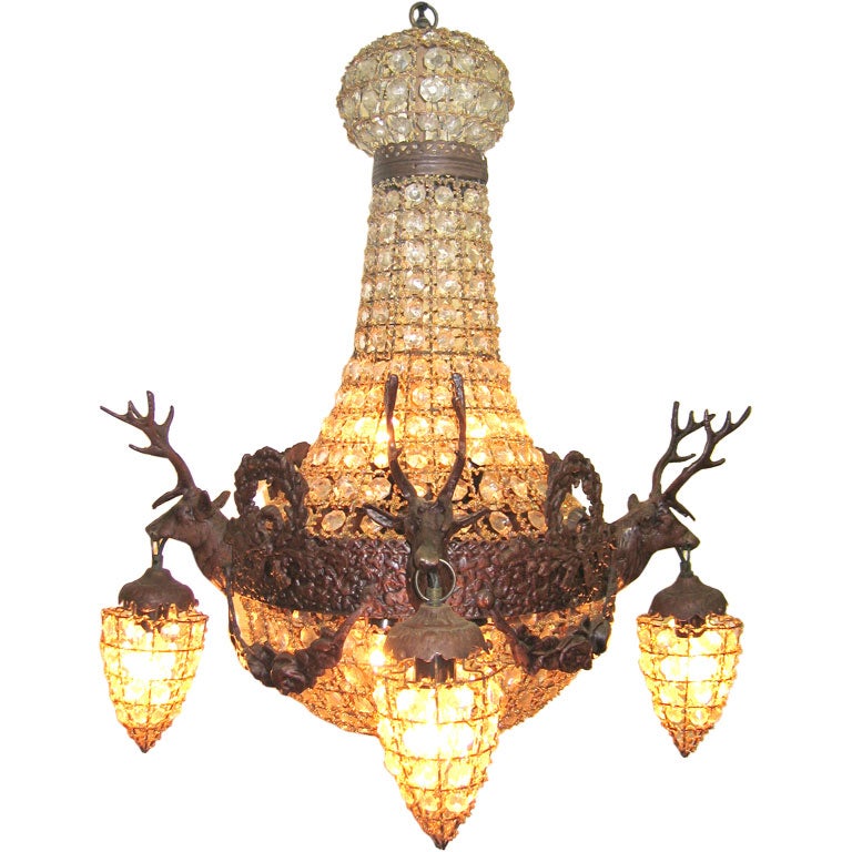 Crystal and Bronze Elk Chandeliers