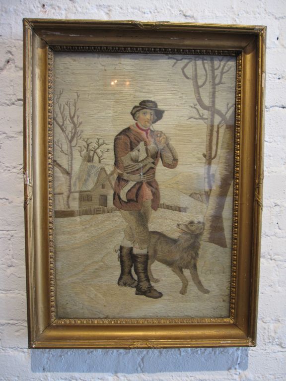 English Stumpwork of Man and Dog For Sale