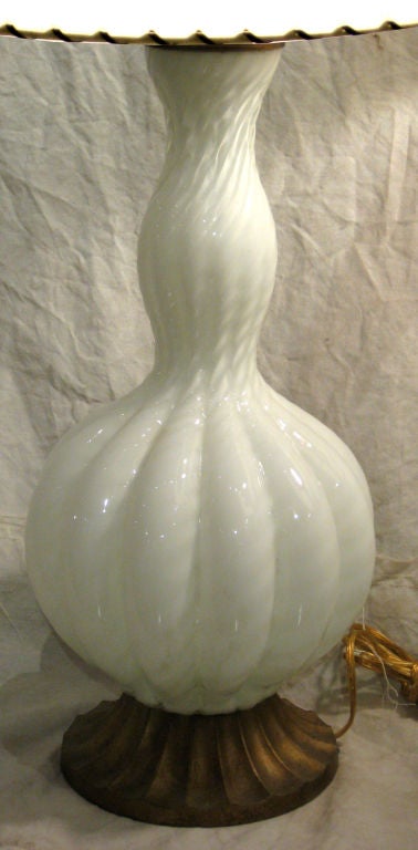 Pair of white ribbed Venetian glass table lamps