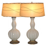 Pair of white ribbed Venetian glass table lamps
