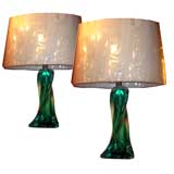 Swinging pair of Archimede Seguso glass "sommerso" table lamps