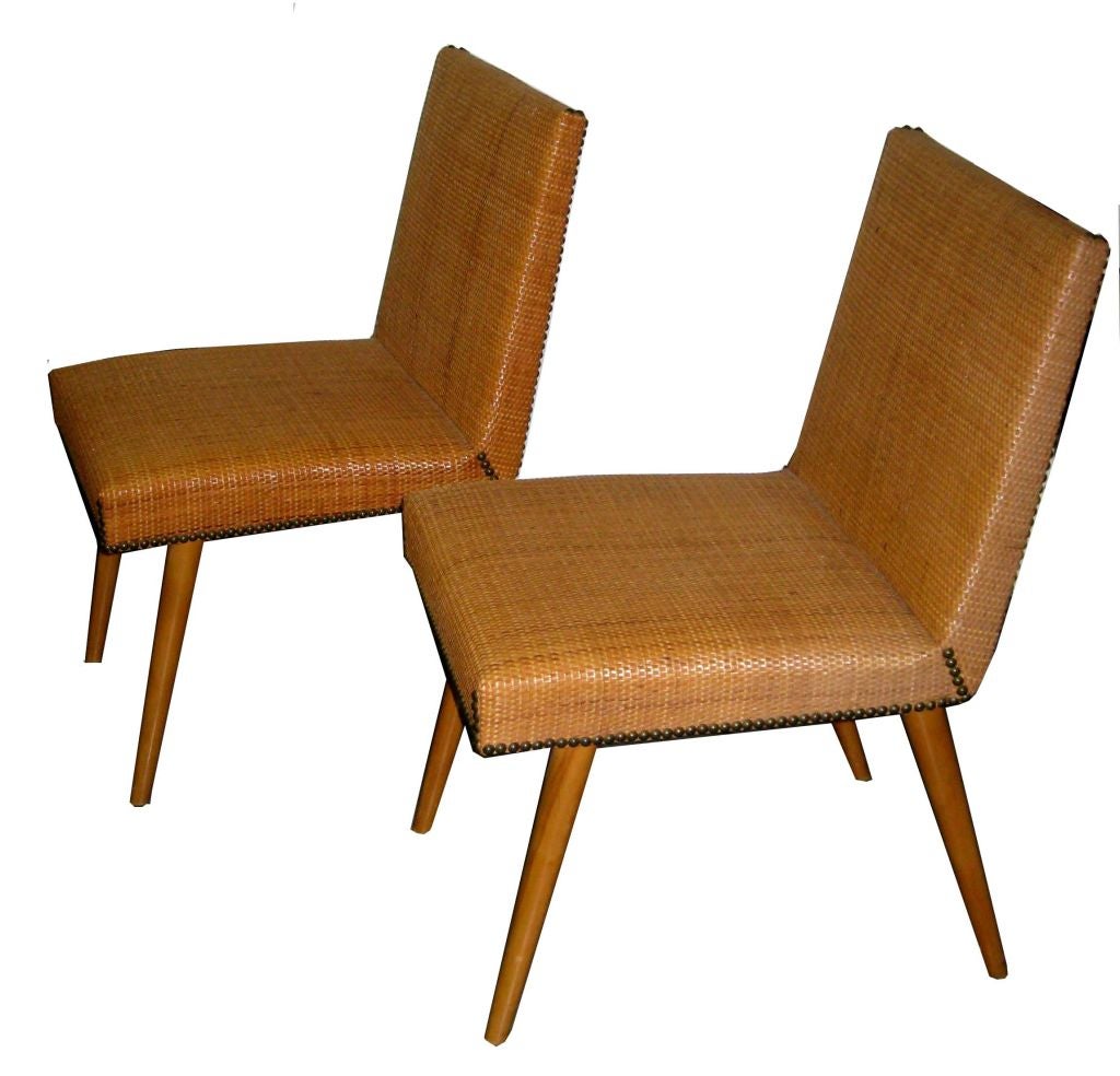 Pair of Robsjohn-Gibbins slipper chairs with straw upholstery