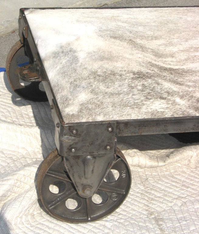 Metallic patina, cowhide top, industrial coffee table / ottoman