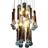 Italian 60's glass and chromed pendants, seven light chandelier