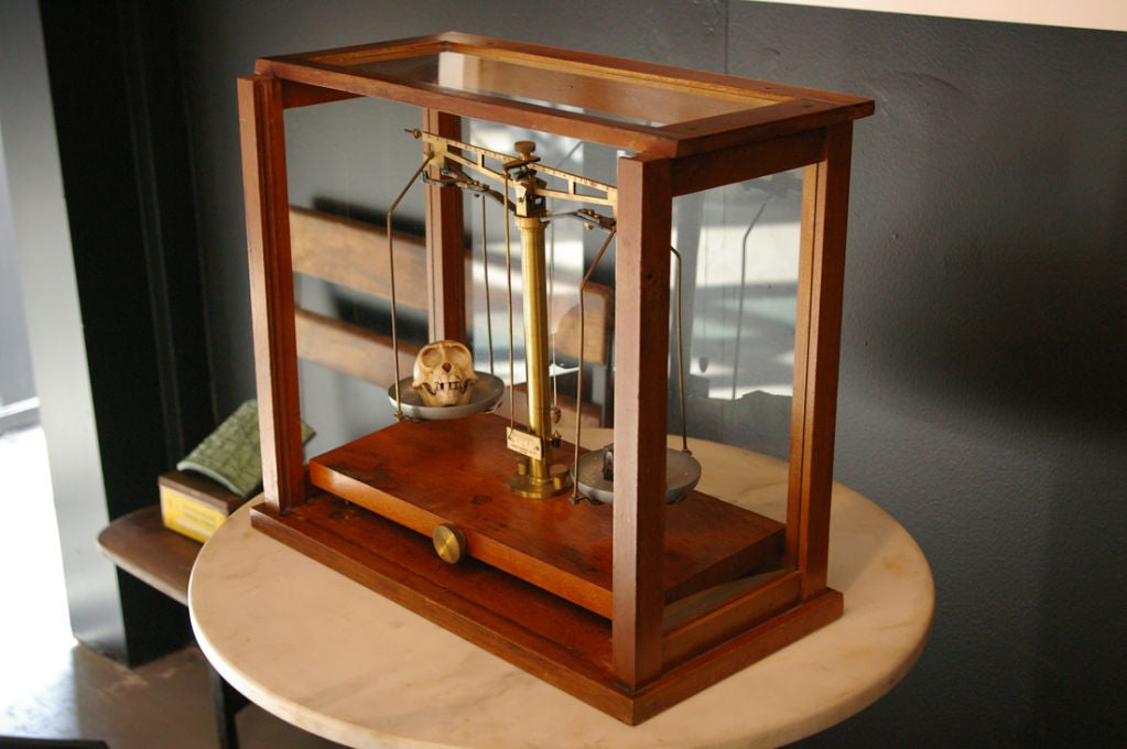 Antique Laboratory Scale with Set of Counterweights and Skull