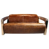 Distressed Italian Leather Loveseat with Metal Armrests