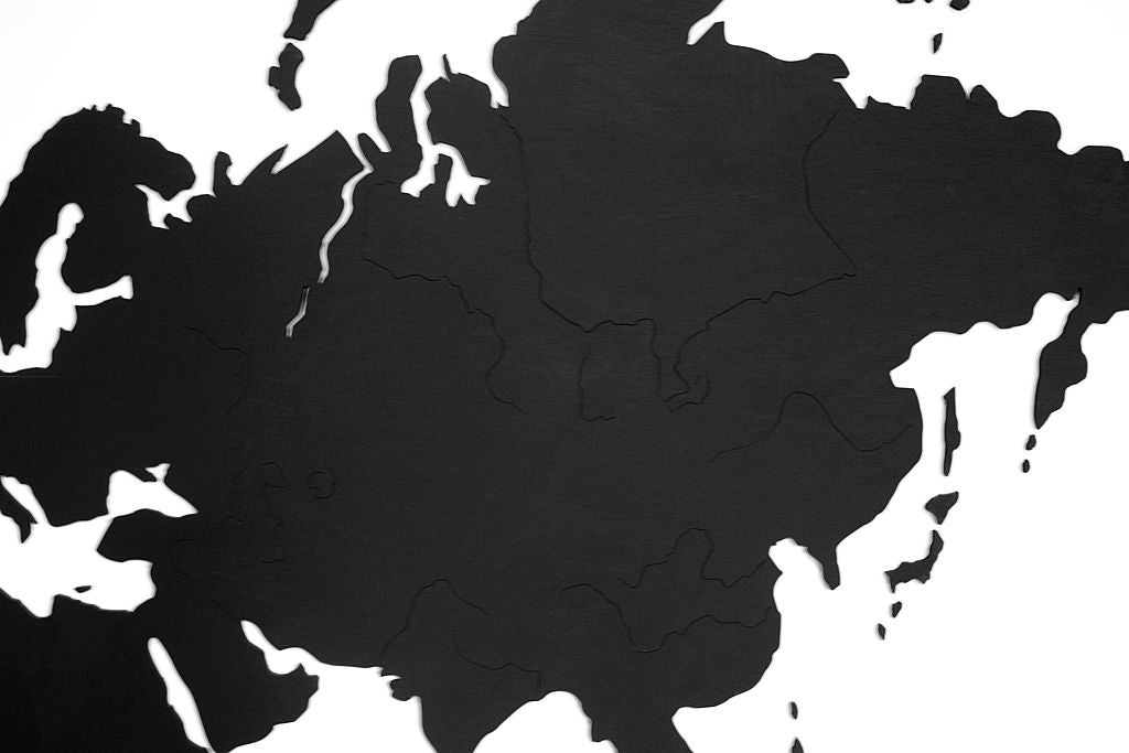 Wooden map of the world. Black and white. Framed. Available in custom finishes. Custom sizes available.