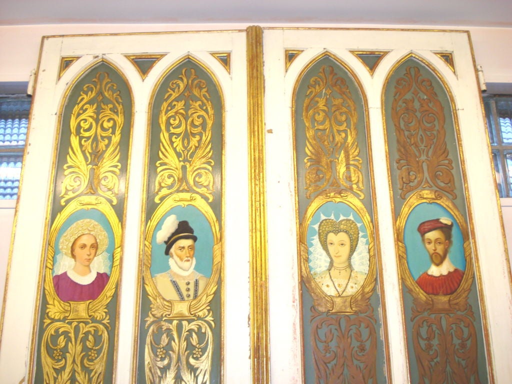 An unusual double pair of Belgian castle doors with original painted family portraits; the reverse side of each pair of doors is all mirrored - one pair is painted white, the other is gold.  These could become wonderful closet doors or built-in