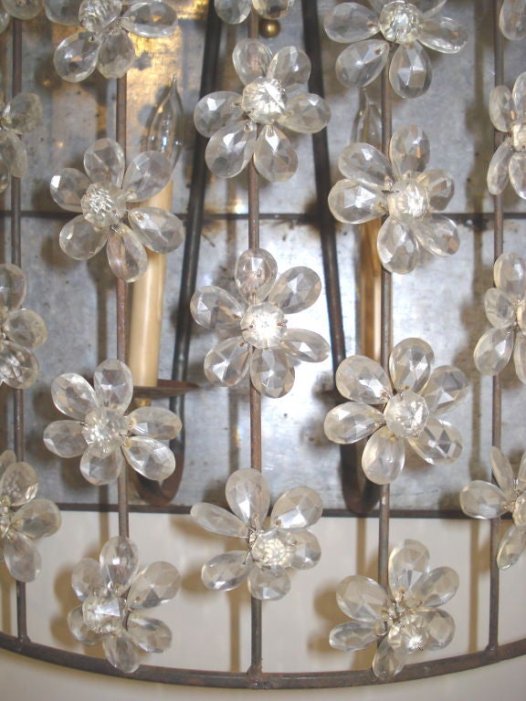 A wonderful pair of large, 2-light, demi birdcage sconces with faceted acrylic flowers; these sconces have wonderful presence.