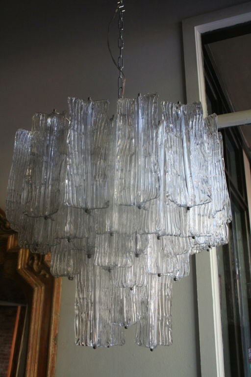 Spectacular 1960s signed Venini Murano chandelier with six lights and 50 handblown triptic clear glass pieces