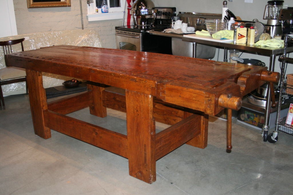 1920s Italian Wooden Carpenter's Bench with Three Working