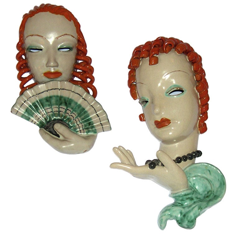 Austrian Goldscheider Terra-cotta White Cookie Glazed Wall Masks
