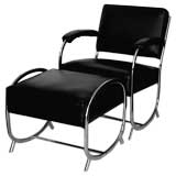 Rare Streamline Art Deco Chrome Chair & Ottoman in Black Leather