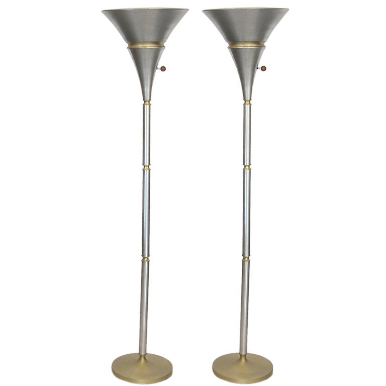 Rare Pair of Aluminum and Brass Torchiere Lamps by Russel Wright For Sale