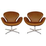 Pair of Arne Jacobsen Vintage Leather Swan Chairs  Fritz Hansen