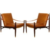 Greatl Pair of Mid Century Lounge Chairs in Tan Leather & Rattan