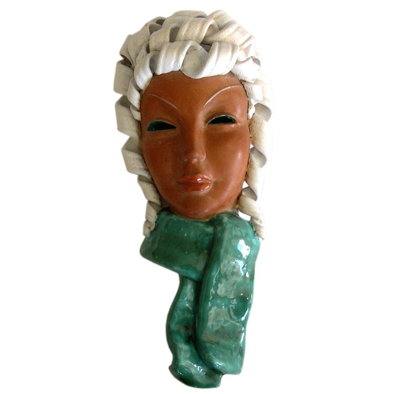 Rare Large 1930's Art Deco Terra Cotta Wall Mask by SACA