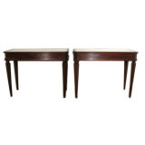 A Pair of Italian Art Deco Mahogany Consoles With Marble Tops