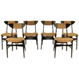 A Set of Six Italian, 1950's Black Lacquer Chairs with Rush Seat