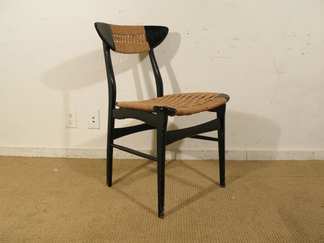 A Set of Six Italian, 1950's Black Lacquer Chairs with Rush Seat