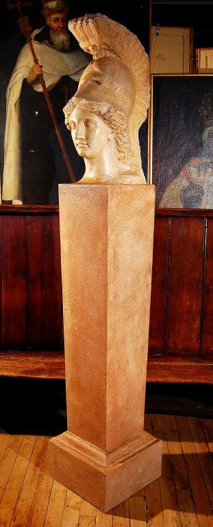 A Plaster Bust of Minerva Wearing a Helmet, on a Tall Tapering Pedestal with a Moulded Base. Early 20th Century, Restored, From the Outre-mere Museum, Marseille, France