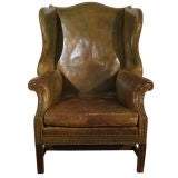 Antique A George III Oak, Green Leather Wing Chair With Brass Nailheads
