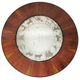 Vintage Large Round Modernist Mahogany Mirror Engraved With Zodiac Signs