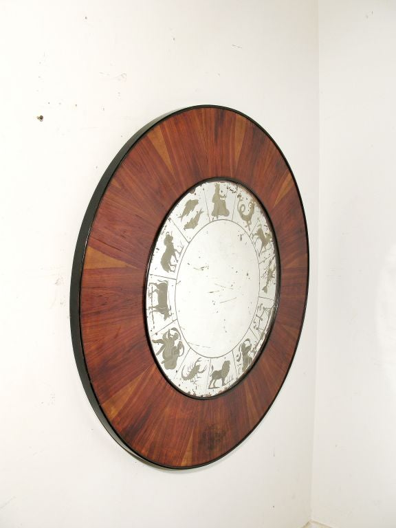 Large Round Modernist Mahogany Mirror Engraved With Zodiac Signs