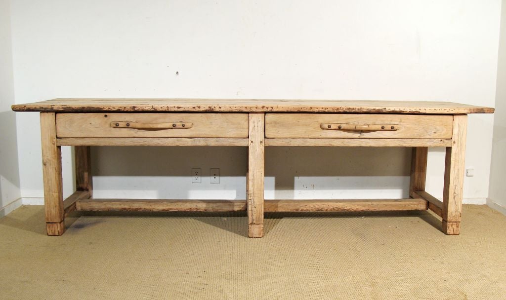 A Large French Rustic Sunbleached Beech Console With Two Drawers