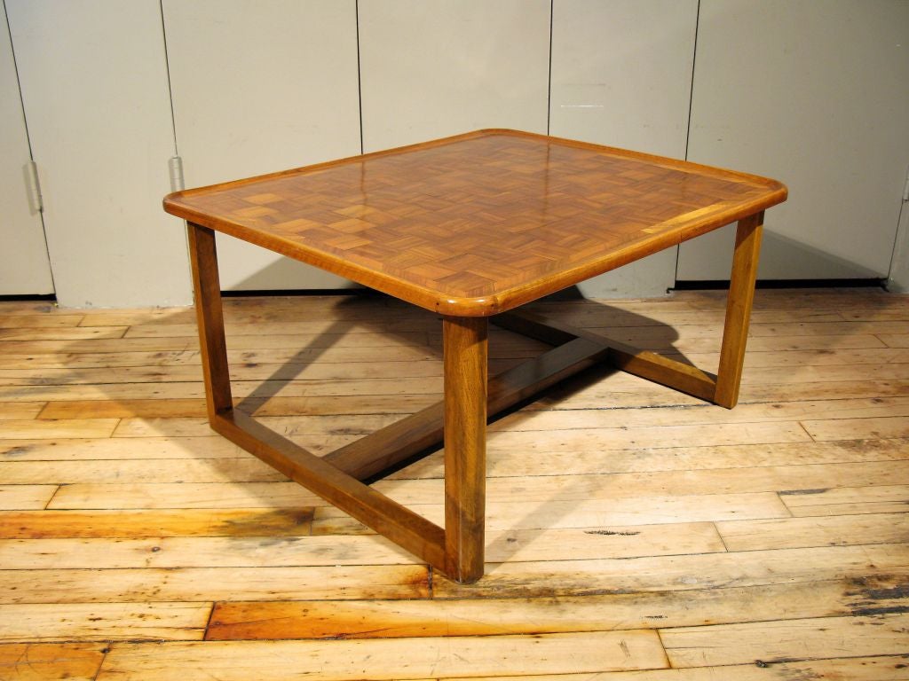 A  Walnut Coffee Table with Rounded Tray Top and  A Checkerboard Parquetry Pattern. Top Swiss, Early 20th Century, Base Contemporary