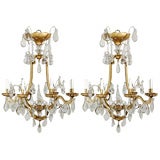 Pair of Louis XIV Style Gilded Metal and Crystal Chandeliers