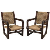 Pair of Stained Pine and Woven Sea Grass Armchairs