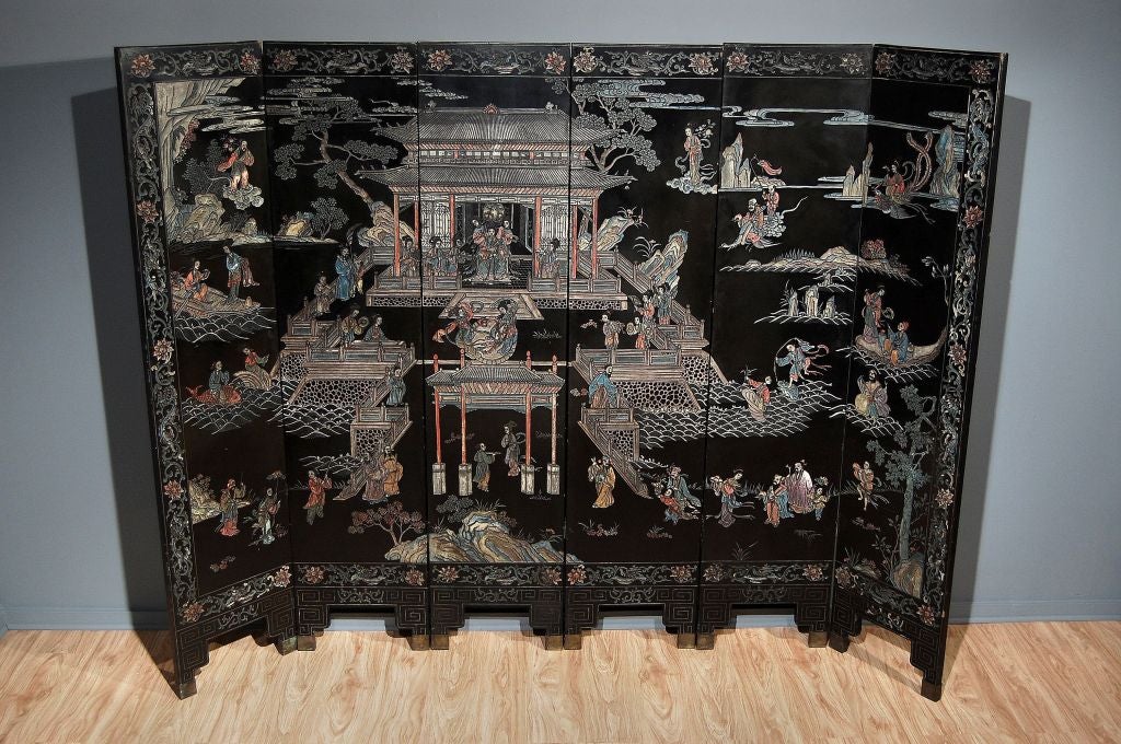 A Six Panel Black Lacquer Cormorandel Screen