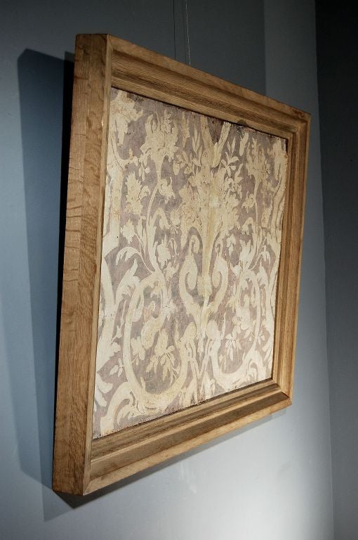 A Late 19th Century French Cuir de Cordoue Foliate Panel in Grey-Green<br />
with A Green Washed Contemporary <br />
Oak Frame