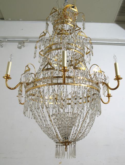 A Charming Crystal and Gilded Brass Six Arm Chandelier. Spanish,<br />
2nd Quarter of the 19th Century. Recently Restored.