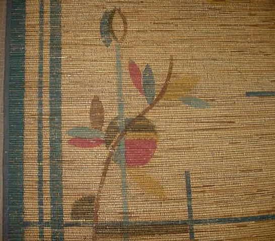 A superb example of early 20th century European modern design.

Hand-painted decoration on a woven mat with cloth binding.

Approx. 4 x 7 feet.