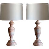 Pair of large pink marble lamps with custom shades