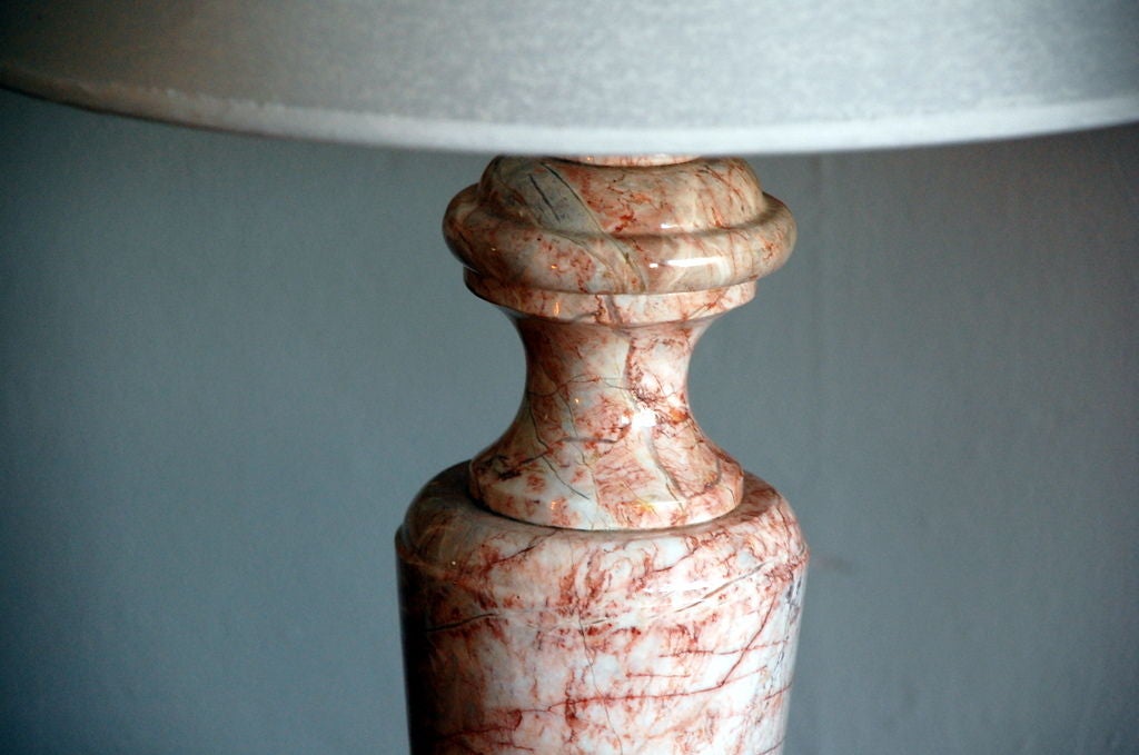 Pair of large pink marble lamps with custom shades