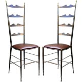 Pair of tall brass and leather Chiavari chairs