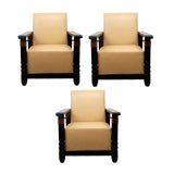 Set of 3 Bauhaus ebonized wood / copper armchairs