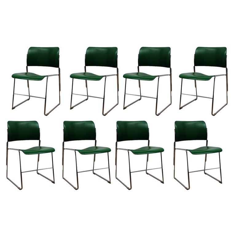 Set of Eight Original Deep Green 40/4 Stacking Chairs by David Rowland