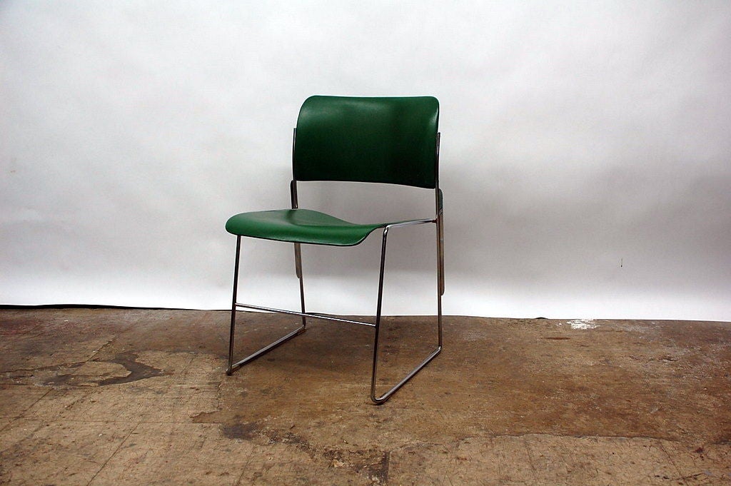 Set of 8 Original Deep Green 40/4 Stacking Chairs by David Rowland. Great for a loft dining table or a conference table. They stack very closely together when not in use.