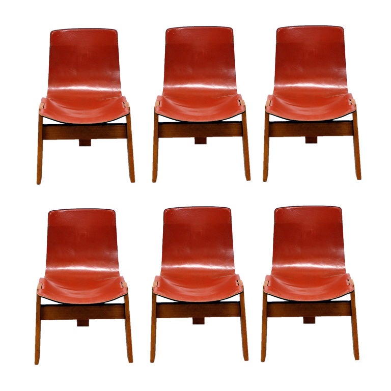 Set of 6 Italian leather Tre 3 chairs by Angelo Mangiarotti