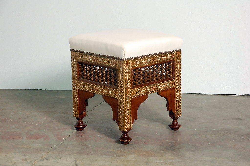 Pair of inlaid Mashrabiya Syrian stools. Great at the foot of a bed or in the living room...