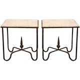Pair of wrought iron and travertine side tables