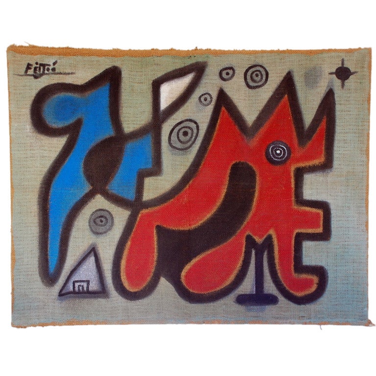 Large Cuban abstract oil on canvas painting by Samuel Feijóo. Vivid colors on unusual burlap canvas. Signed Feijóo.