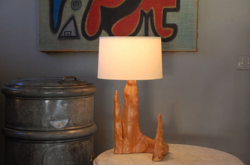 Sculptural cypress root table lamp with custom silk shade.