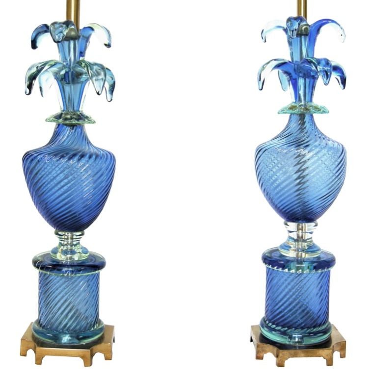 (Now on sale for 3,375.00 pair bases only, reduced from 6,750.00)
Pair Marbro Venetian Blue Glass Lamps on Metal Bases.  Designed by Barovier for the Marbro Company, Los Angeles, California USA.  Only slight differences to lamps. Note: Shade(s)
