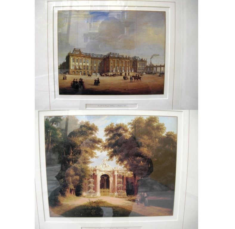 Twelve Architectural Images of 19th Century Palaces, Architecture, Landscapes, Bridges, etc., done in the French Style, Mounted on Four Giltwood Framed Panels.  Each image has caption underneath in German text. (3-8inchx10inch images per panel)...