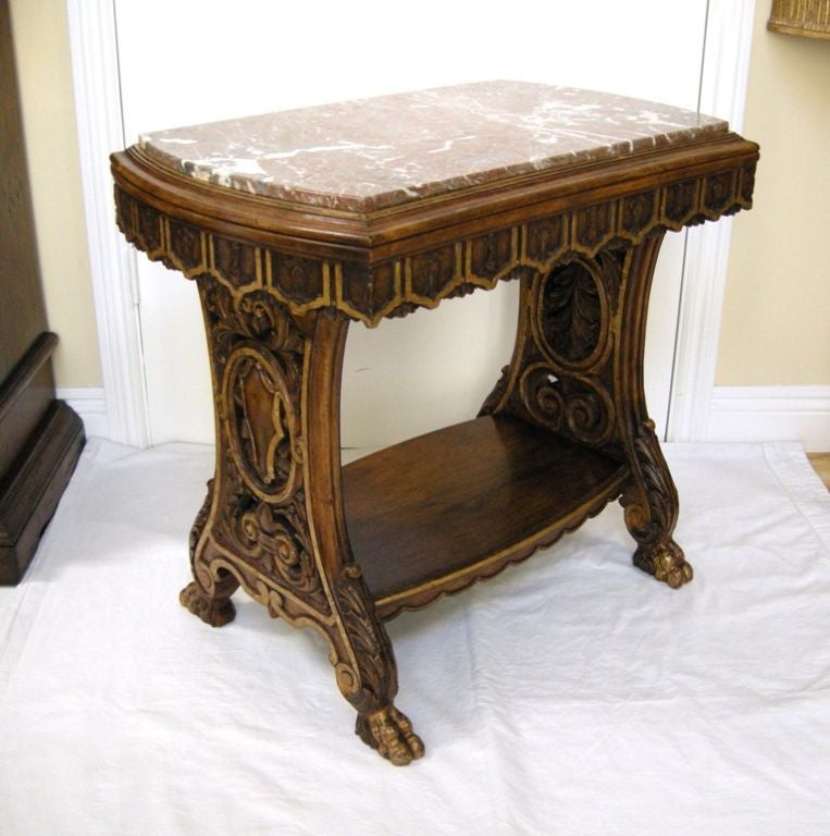 19th Century Italian Renaissance Style Carved & Parcel Gilt Walnut Side Table with Inset Marble Top